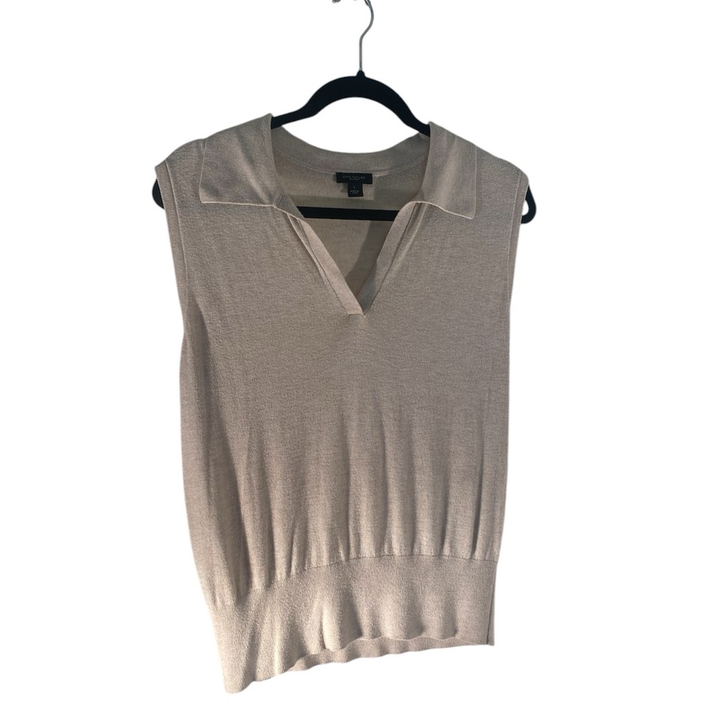 Ann Taylor Cream V-neck Sleeveless Ribbed Asymmetrical Top
